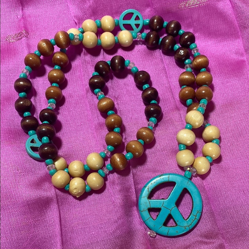 Turquoise and Brown Beaded Necklace with Peace Pendant